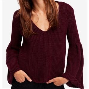 Free People Damsel Bell Sleeve Pullover Sweater Knit V-Neck Burgundy Size XS